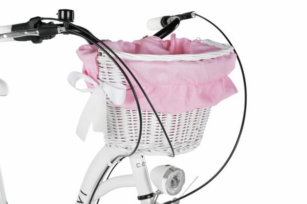 Cykelkorg med rosa tygklädsel och vit cykelklocka.