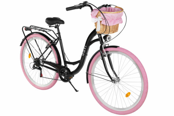 Svart cykel med rosa däck och korg.