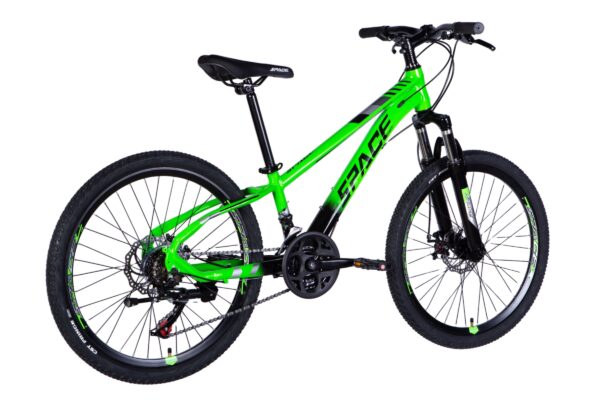 Vibrant green mountain bike on white background.
