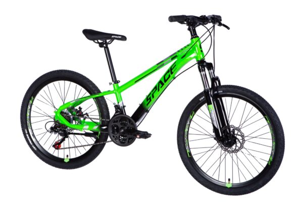 Bright green mountain bike on a white background