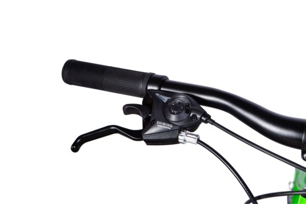 Close-up of bicycle handlebar and brake lever.