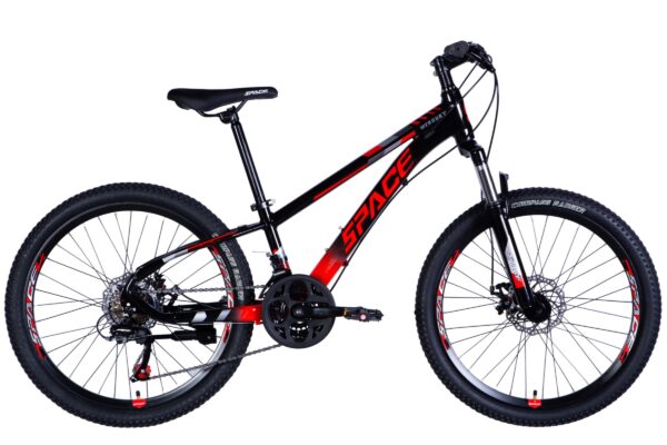 Red and black mountain bike on a white background.