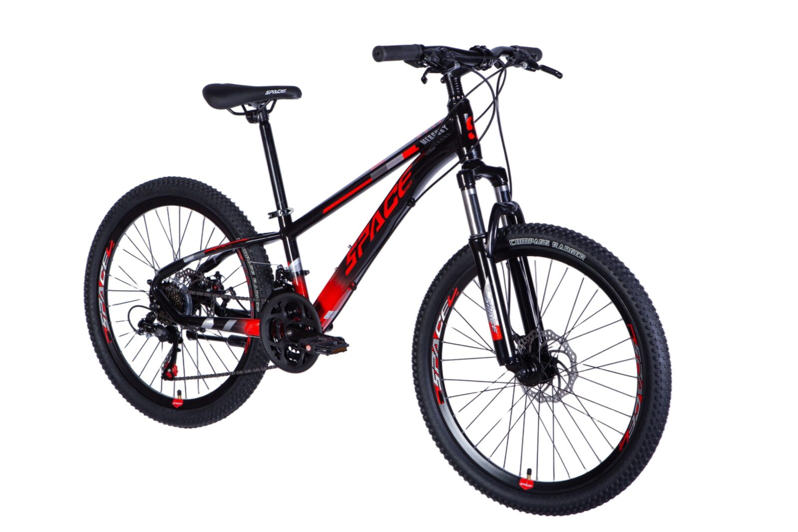 Black and red mountain bike with suspension.