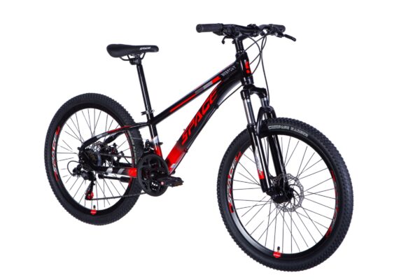 Black and red mountain bike with suspension.