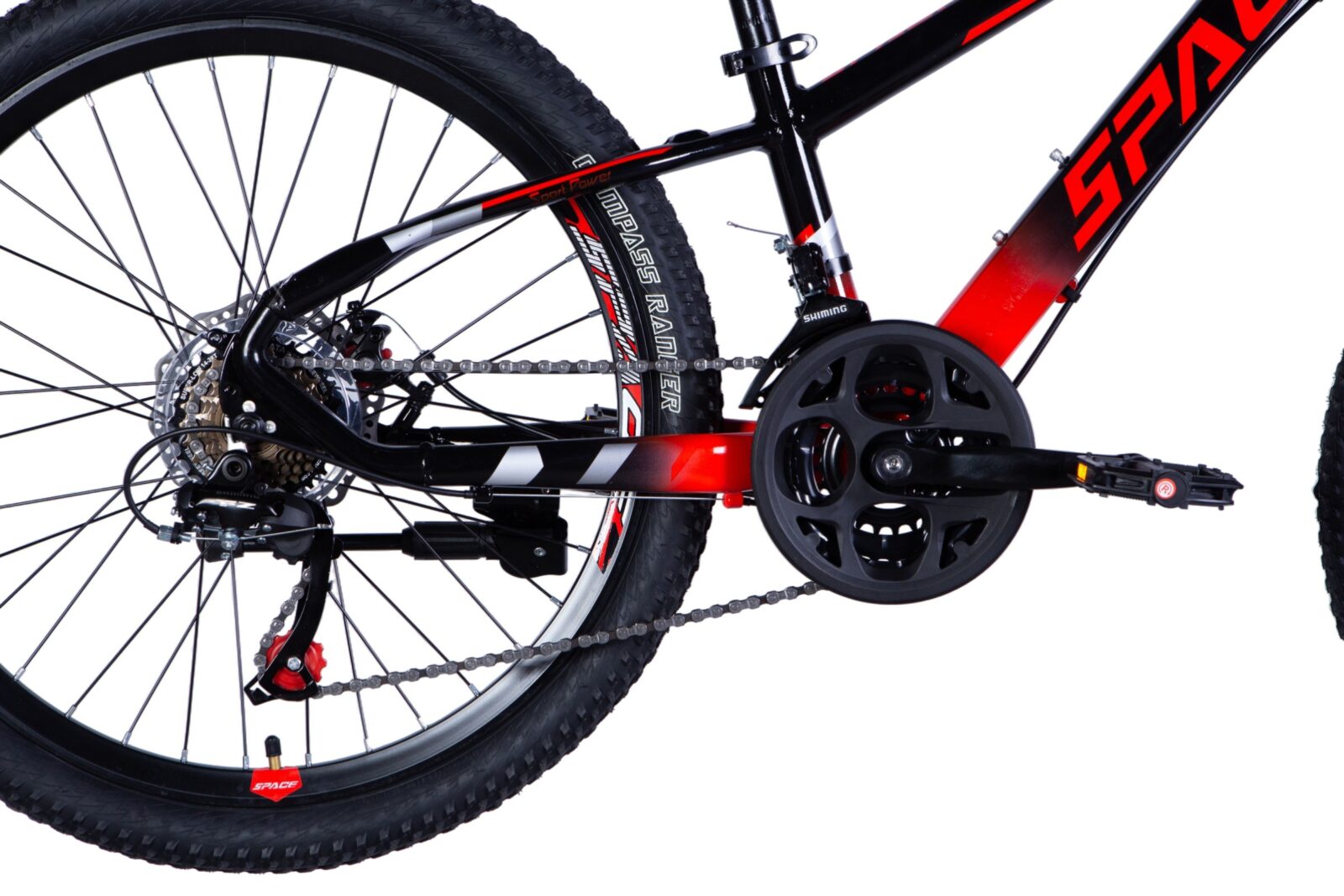 Close-up of a black and red mountain bike