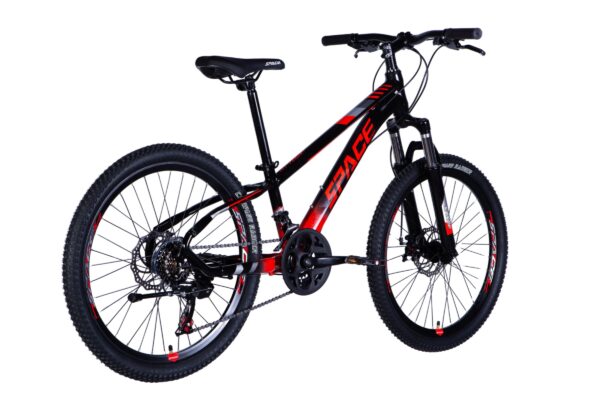 Sporty black and red mountain bike on white background
