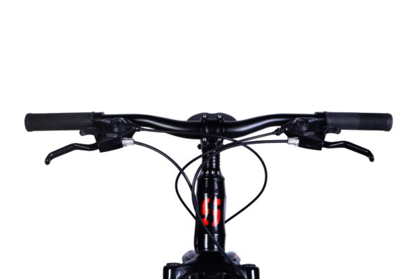 Close-up of bicycle handlebars and controls.