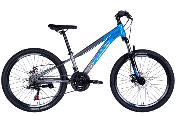 Blue and grey mountain bike on white background