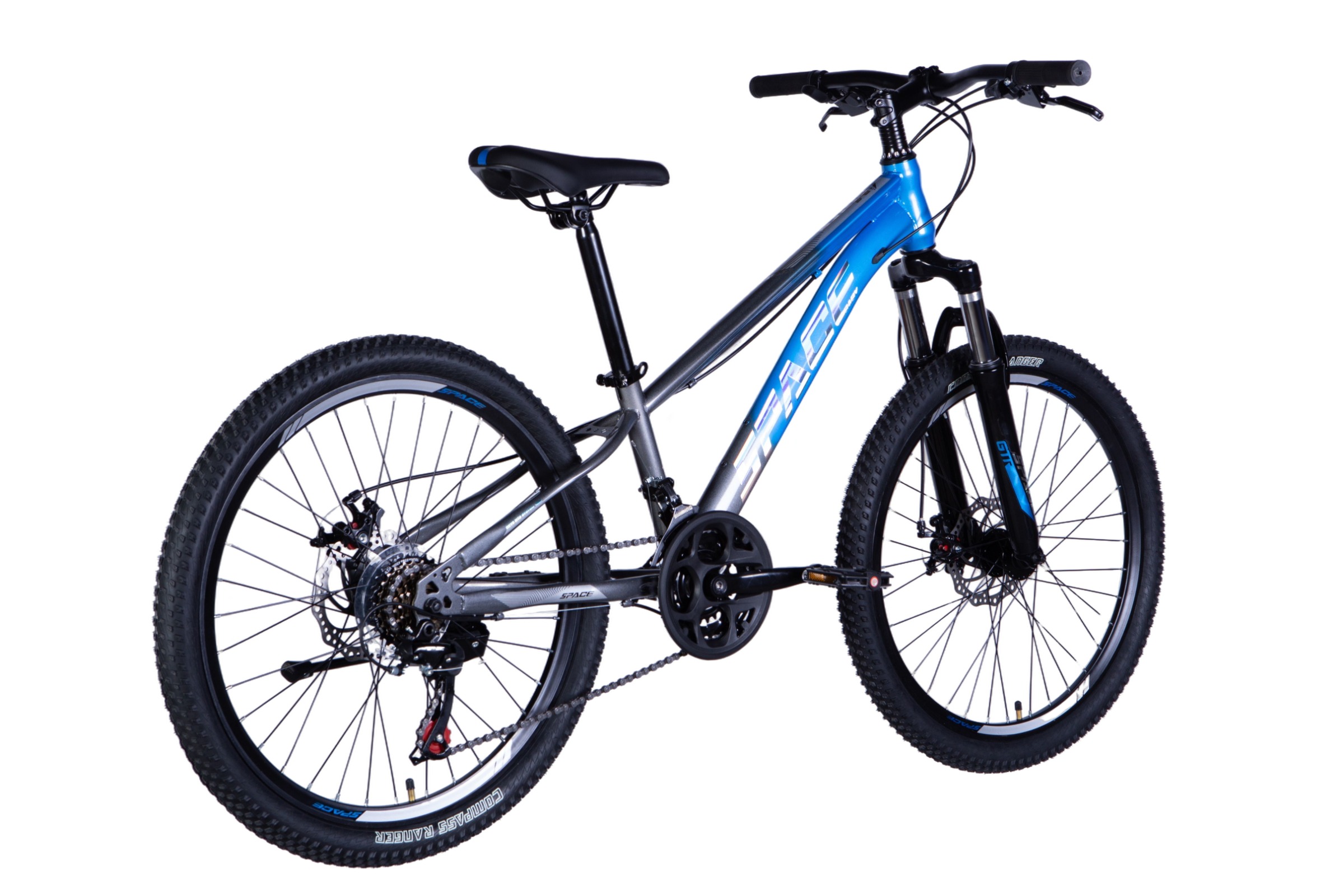 Blue and grey mountain bike on white background.