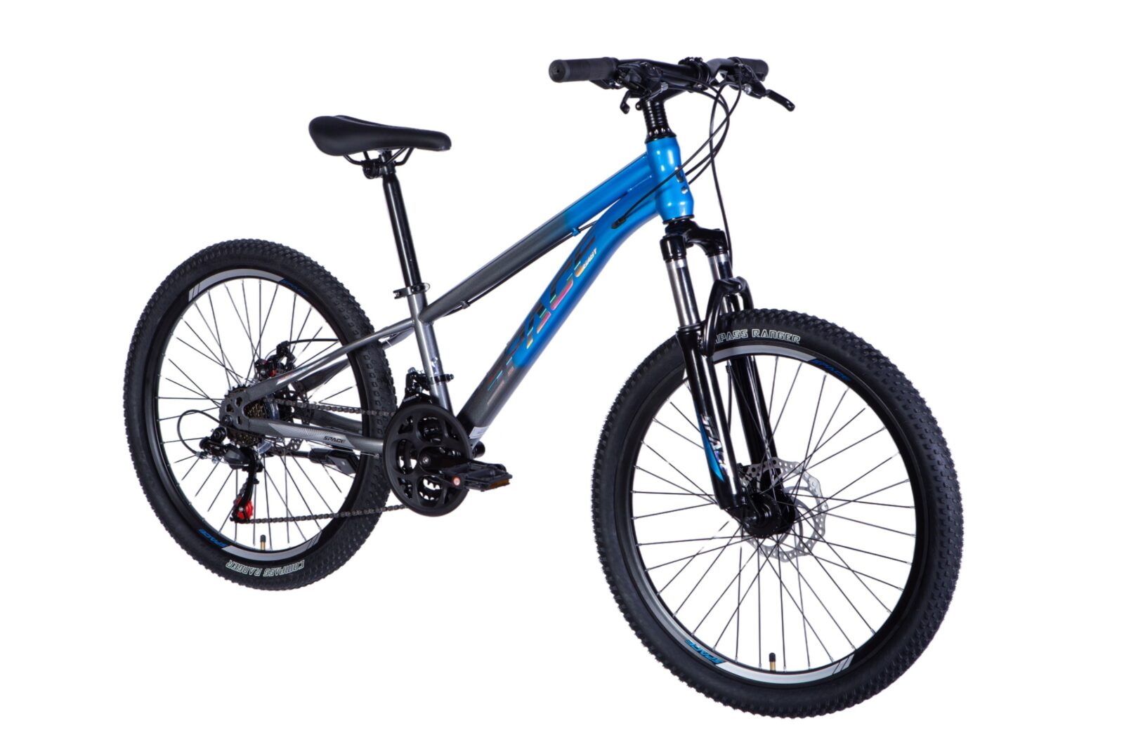 Blue mountain bike with grey frame and wide tyres