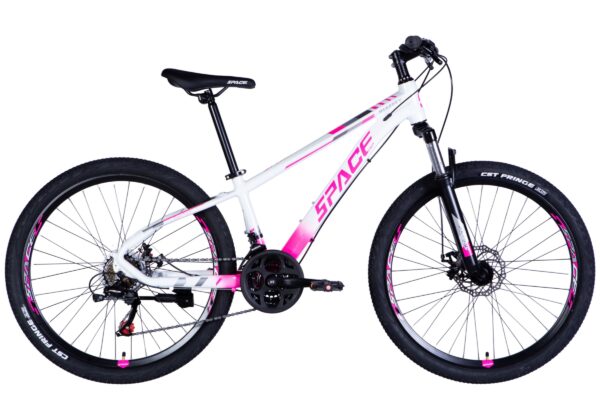 White and pink mountain bike with thick tyres