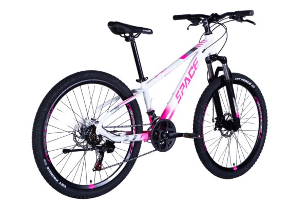 White mountain bike with pink accents.