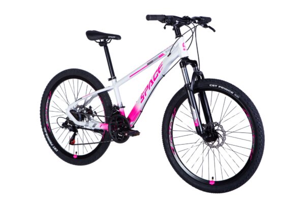 Mountain bike with pink and white design.