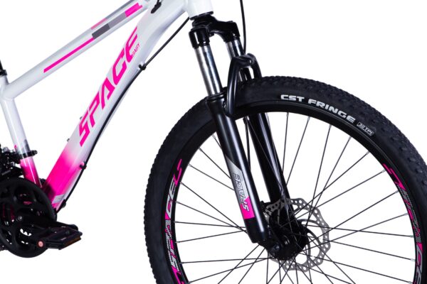 Close-up of a mountain bike's front fork and wheel.