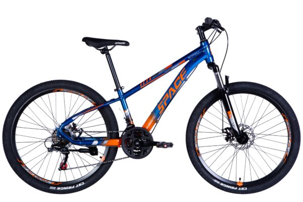 Blue and orange mountain bike on white background