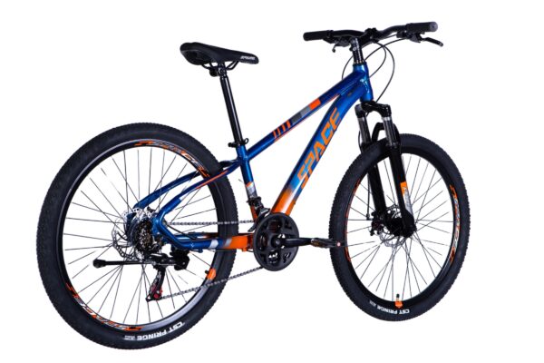 Blue and orange mountain bike on a white background.