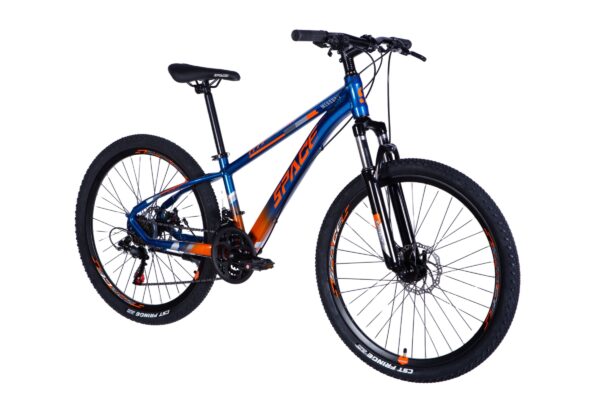 Blue and orange mountain bike on a white background.