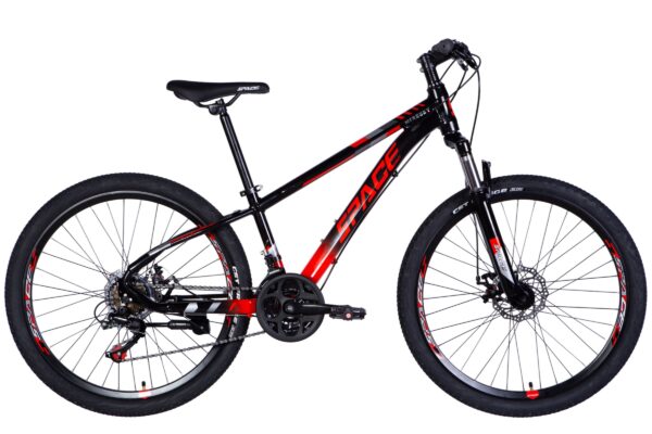 Black and red mountain bike on white background.