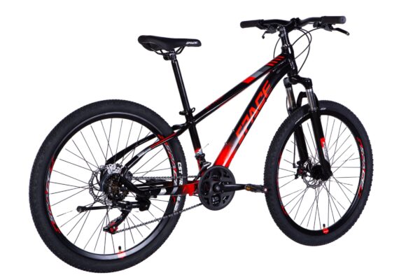 Black and red mountain bike on white background.