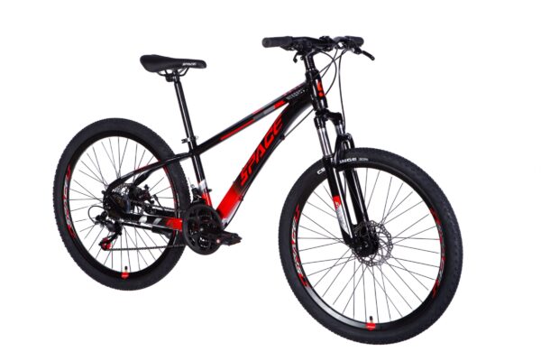 Black and red mountain bike with dual suspension.