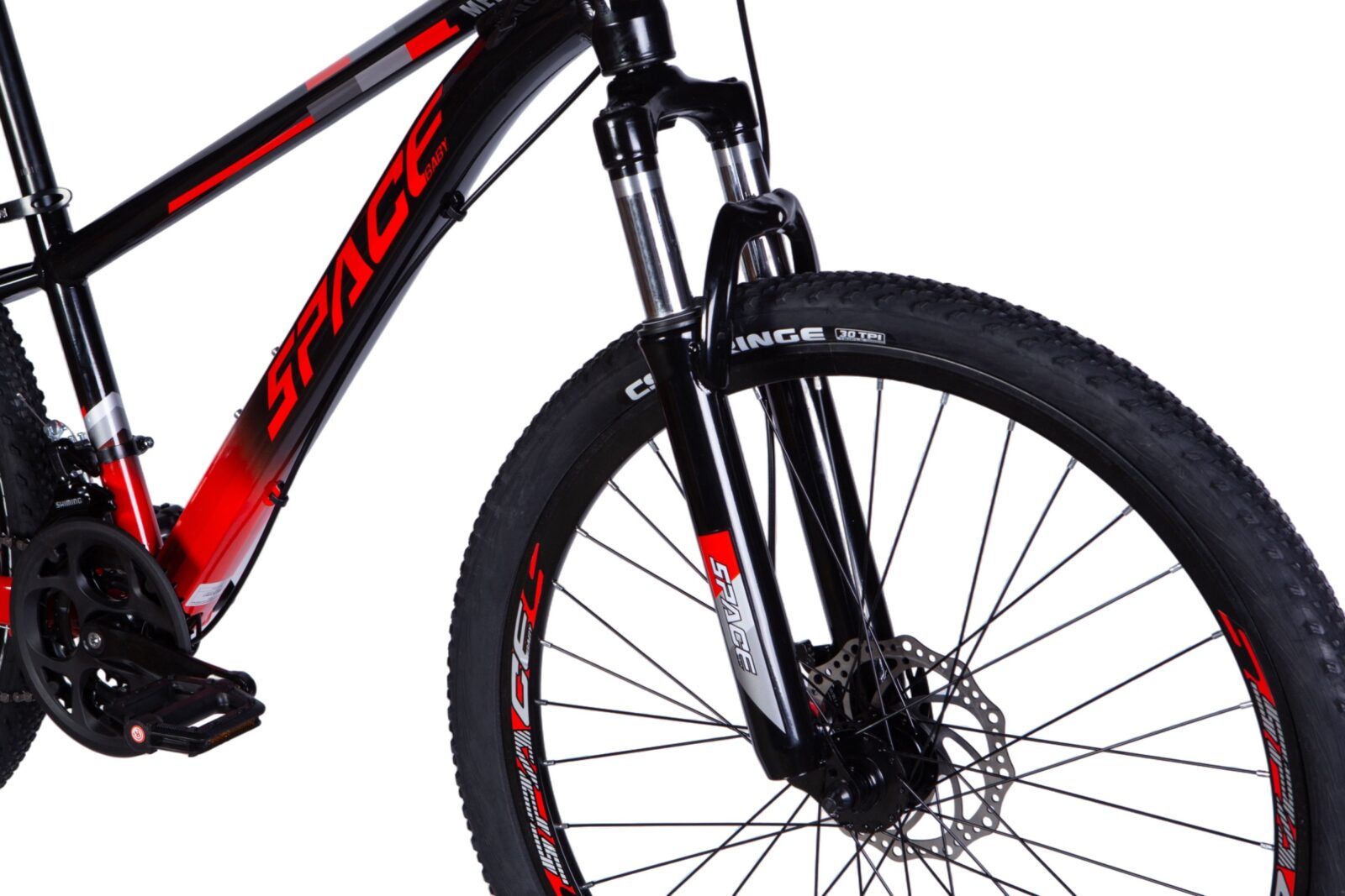 Close-up of a black and red mountain bike.