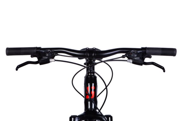 Close-up of a mountain bike's handlebars
