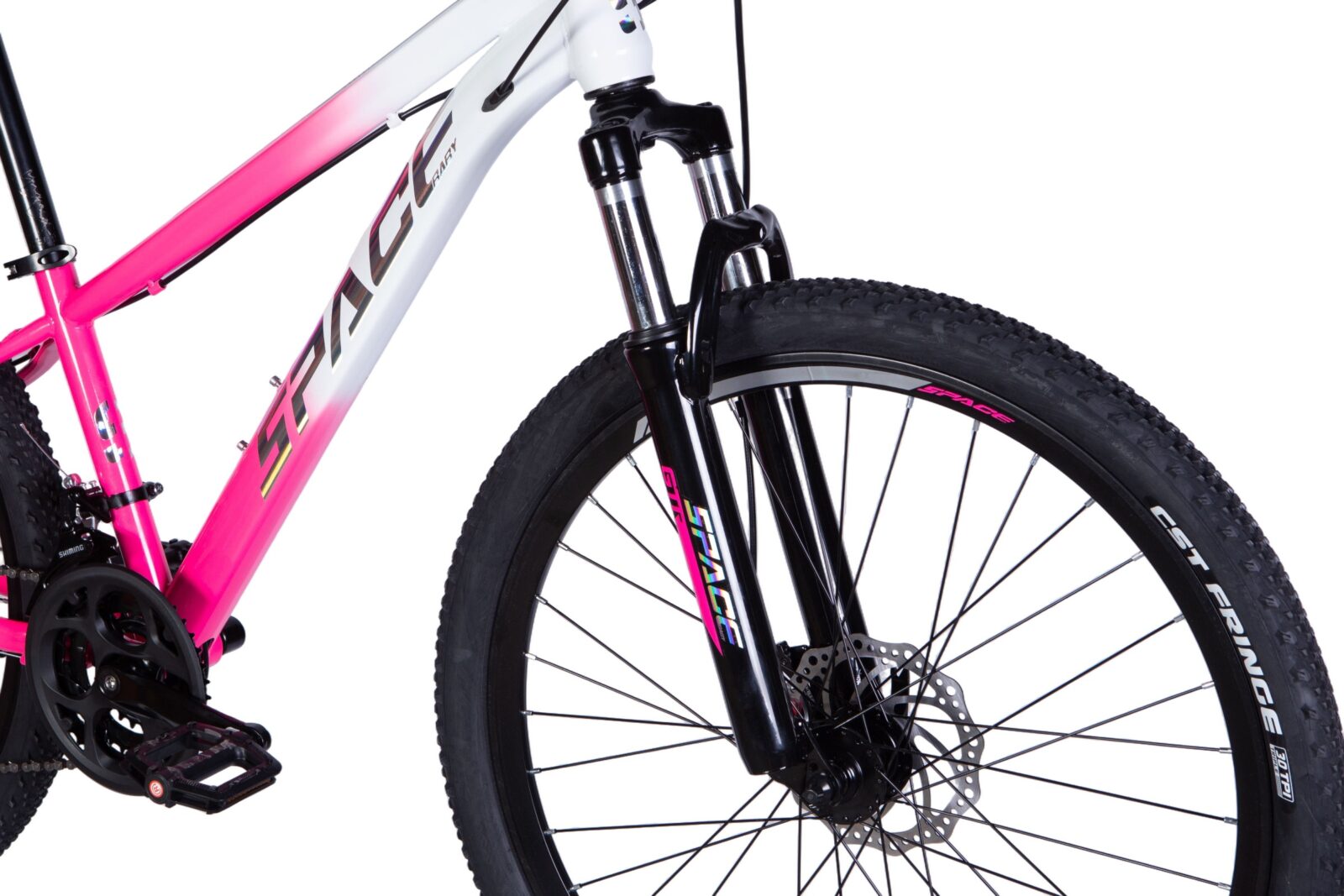 Mountainbike med rosa och vit ram, närbild hjul.