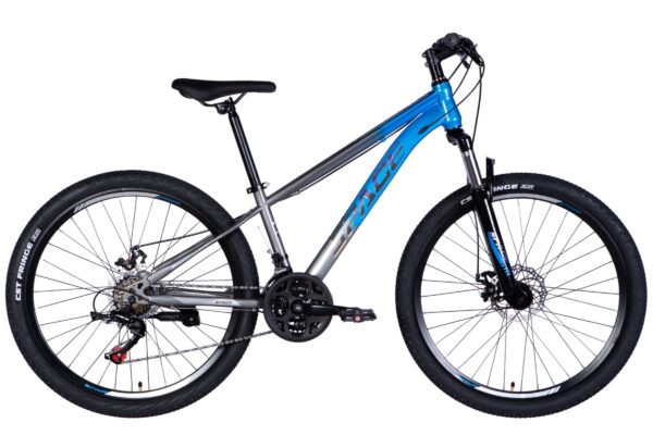 Mountain bike with blue and silver frame design.