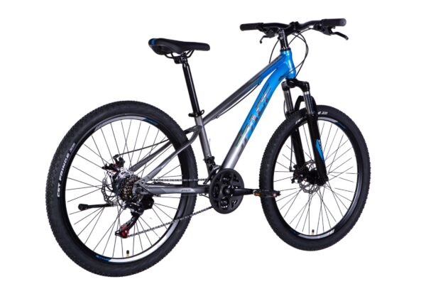 Silver and blue mountain bike on white background