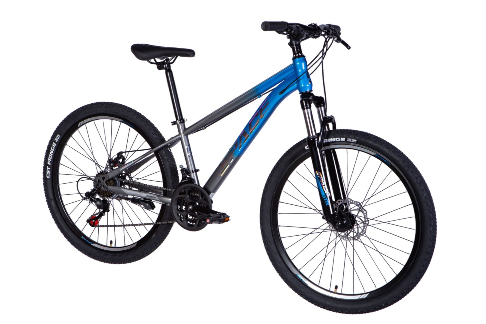 Blue and grey mountain bike on a white background.