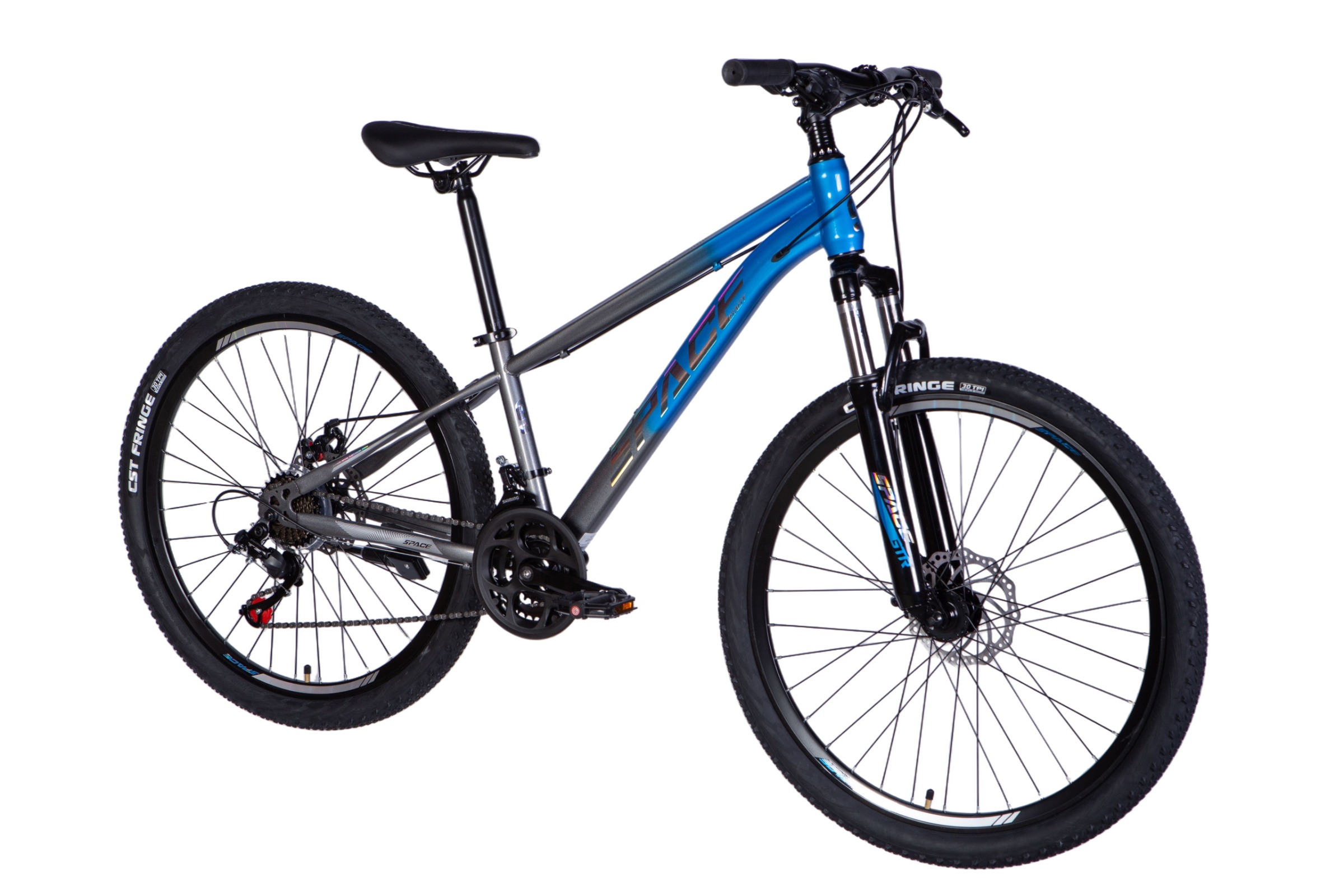 Blue and grey mountain bike on a white background.
