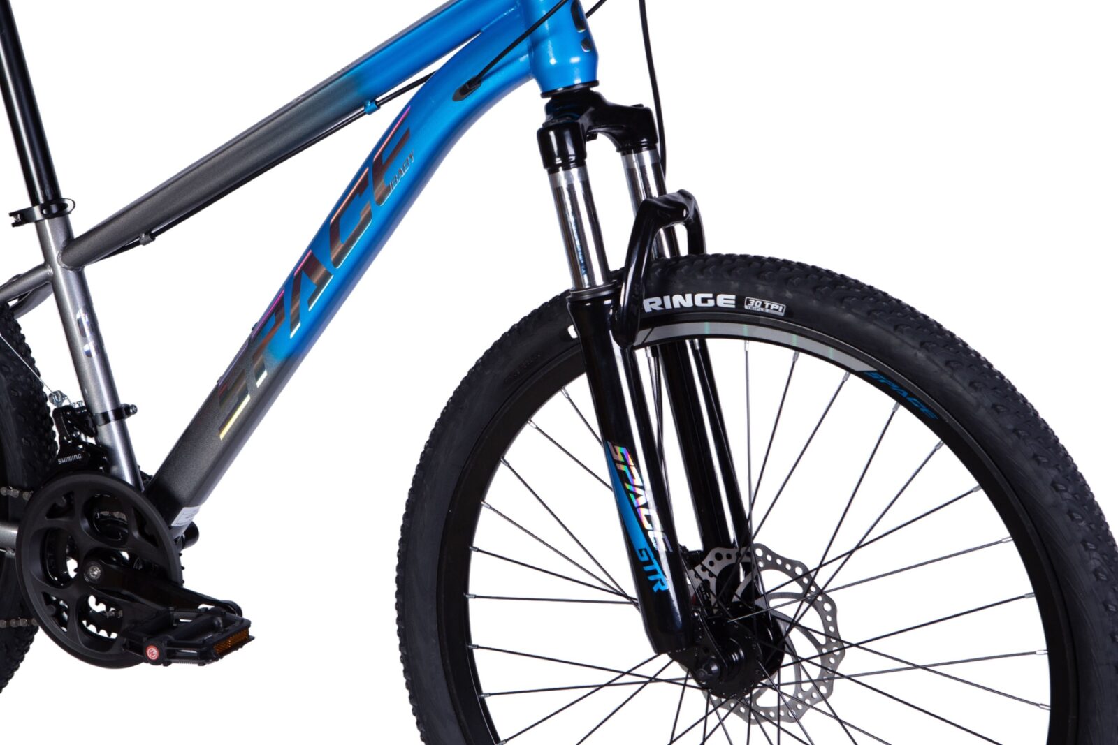 Close-up of a mountain bike's front frame and wheel.