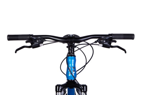 Close-up of a mountain bike handlebar setup