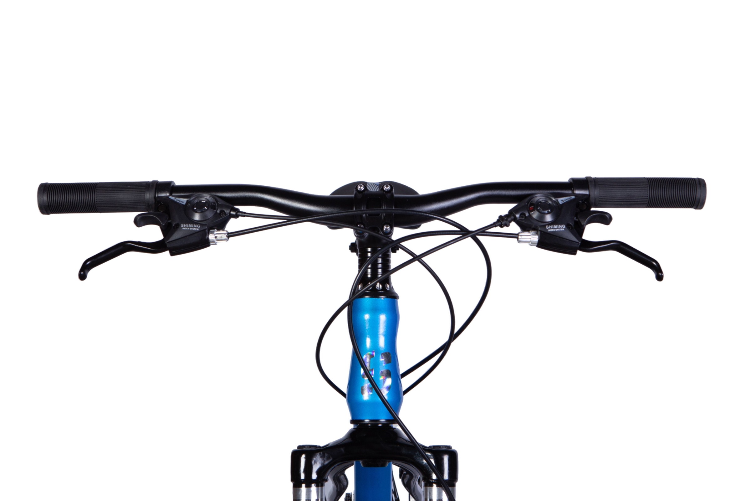 Close-up of a mountain bike handlebar setup