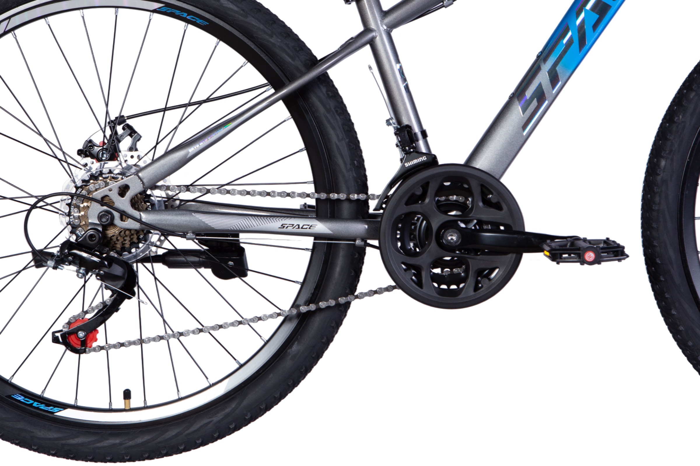 Close-up of a bicycle's drivetrain and pedals