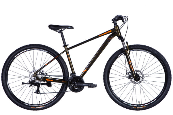 Mountain bike with black and orange design.