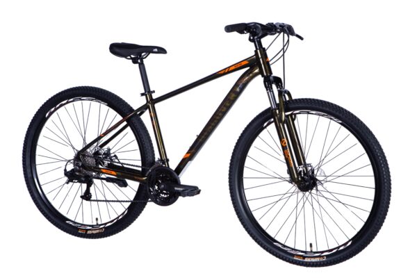 Mountain bike with black and orange design.
