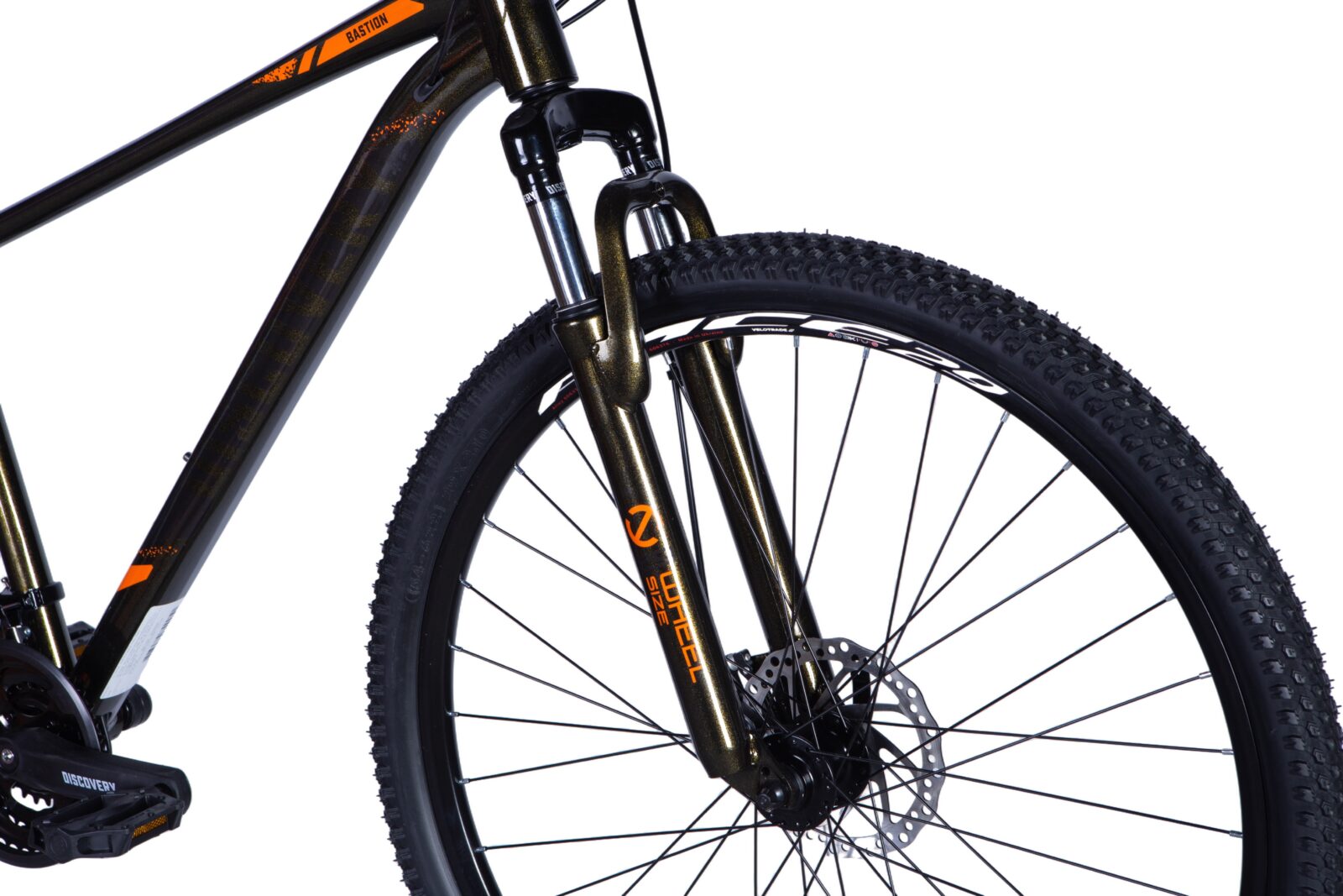 Close-up of a mountain bike front wheel.