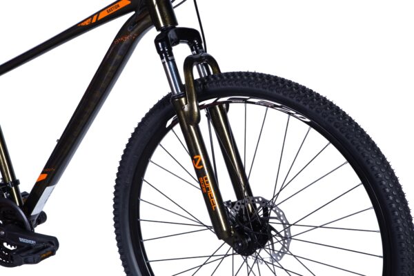 Close-up of a mountain bike front wheel.