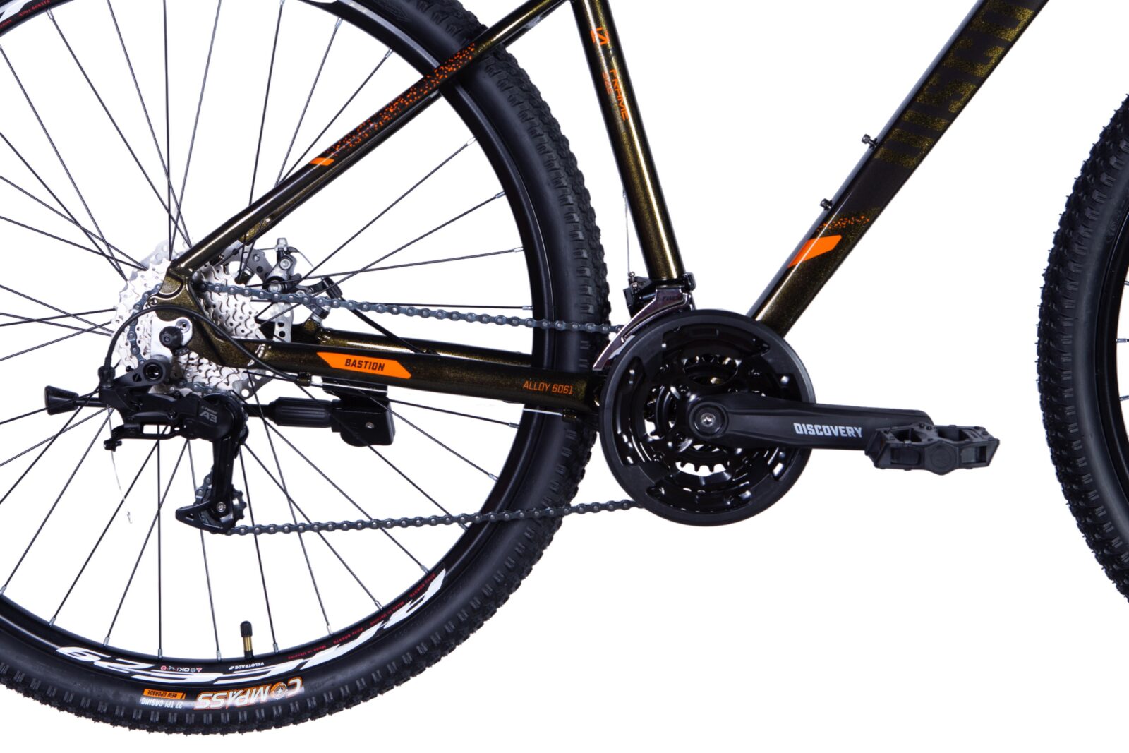 Close-up of a mountain bike's drivetrain and wheels.