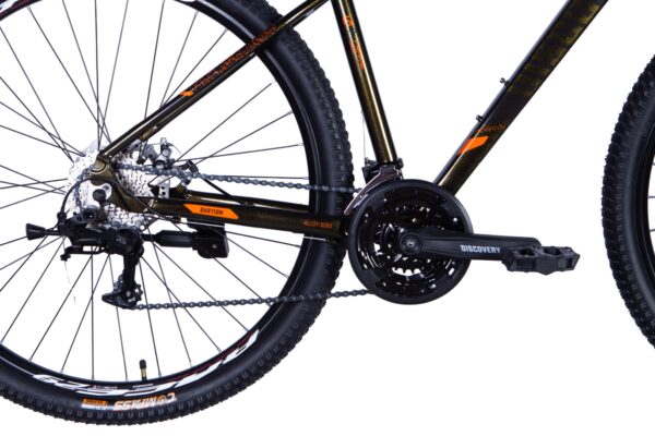 Close-up of a mountain bike's drivetrain and wheels.