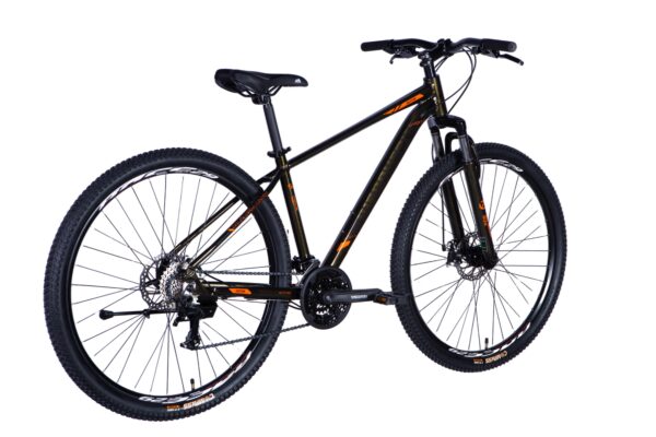 Black mountain bike with orange accents.