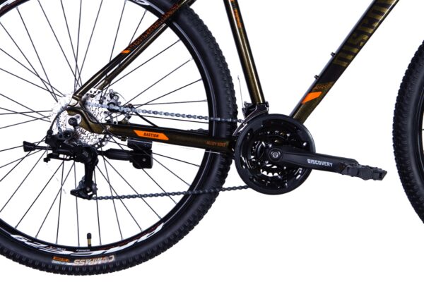 Close-up of a mountain bike's drivetrain.