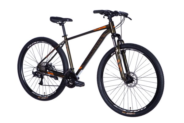Mountain bike with black and orange design.
