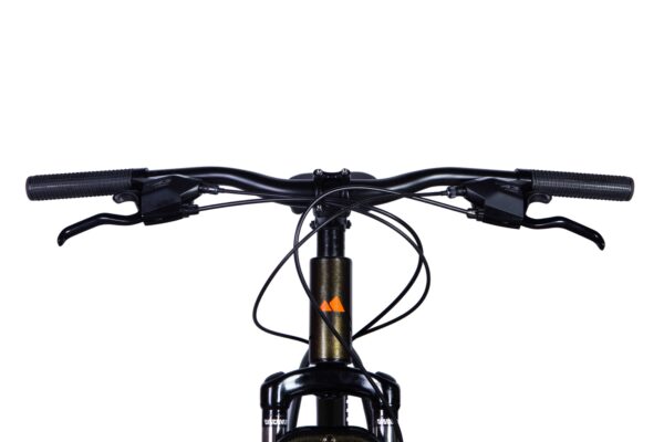 Close-up of a bicycle handlebars and controls.