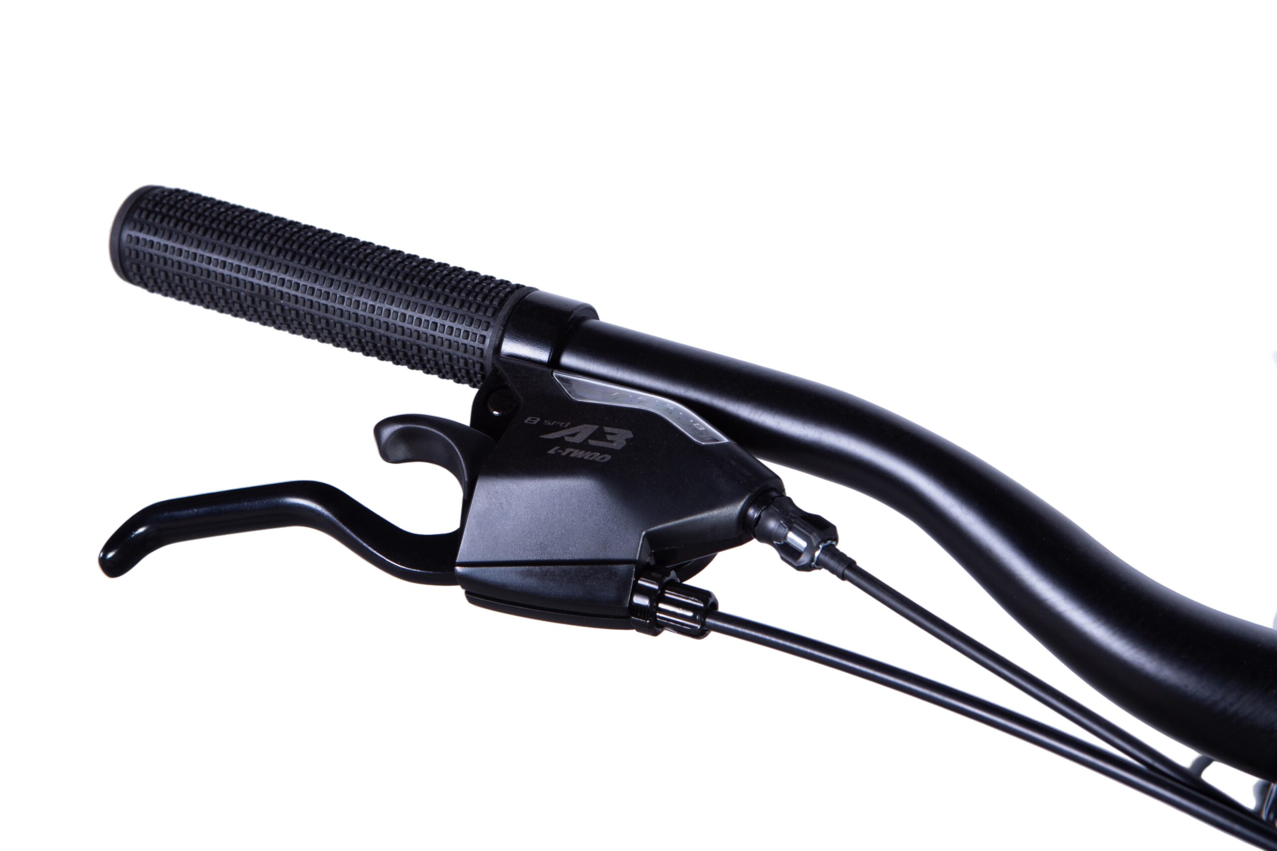 Close-up of a bicycle brake lever and handlebar.