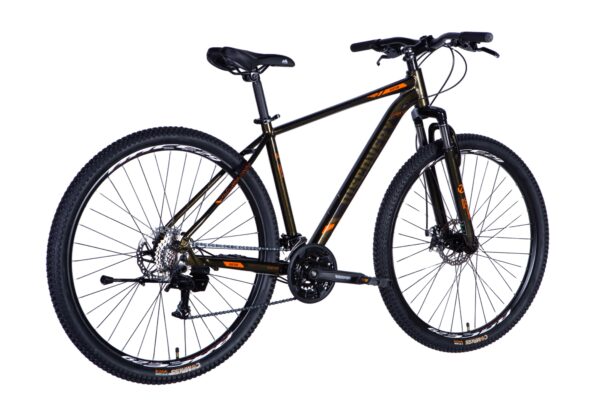 Mountain bike with black and orange design.