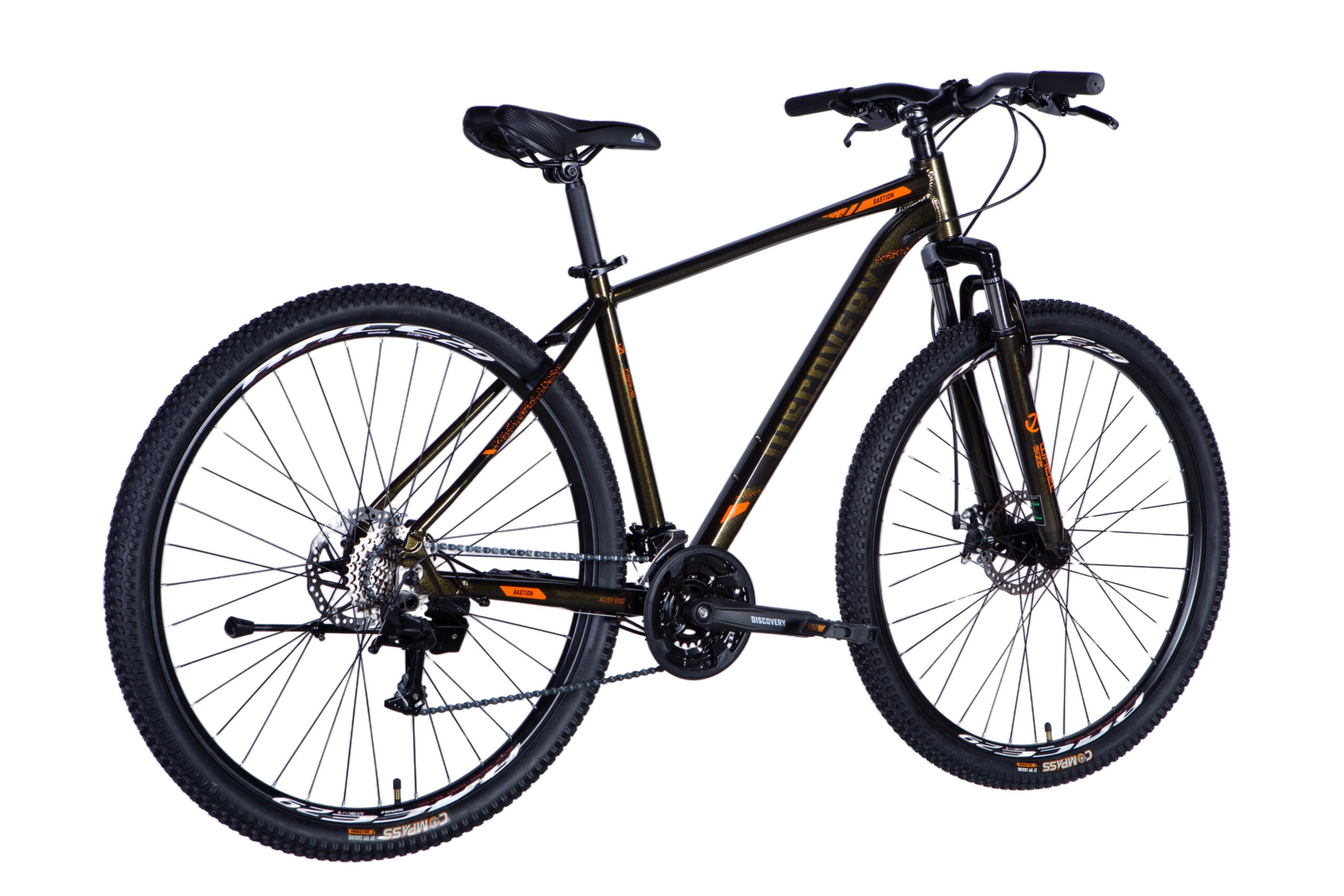 Mountain bike with black and orange design.