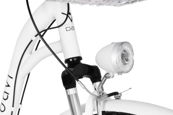 Close-up of a bicycle's white frame and headlight.