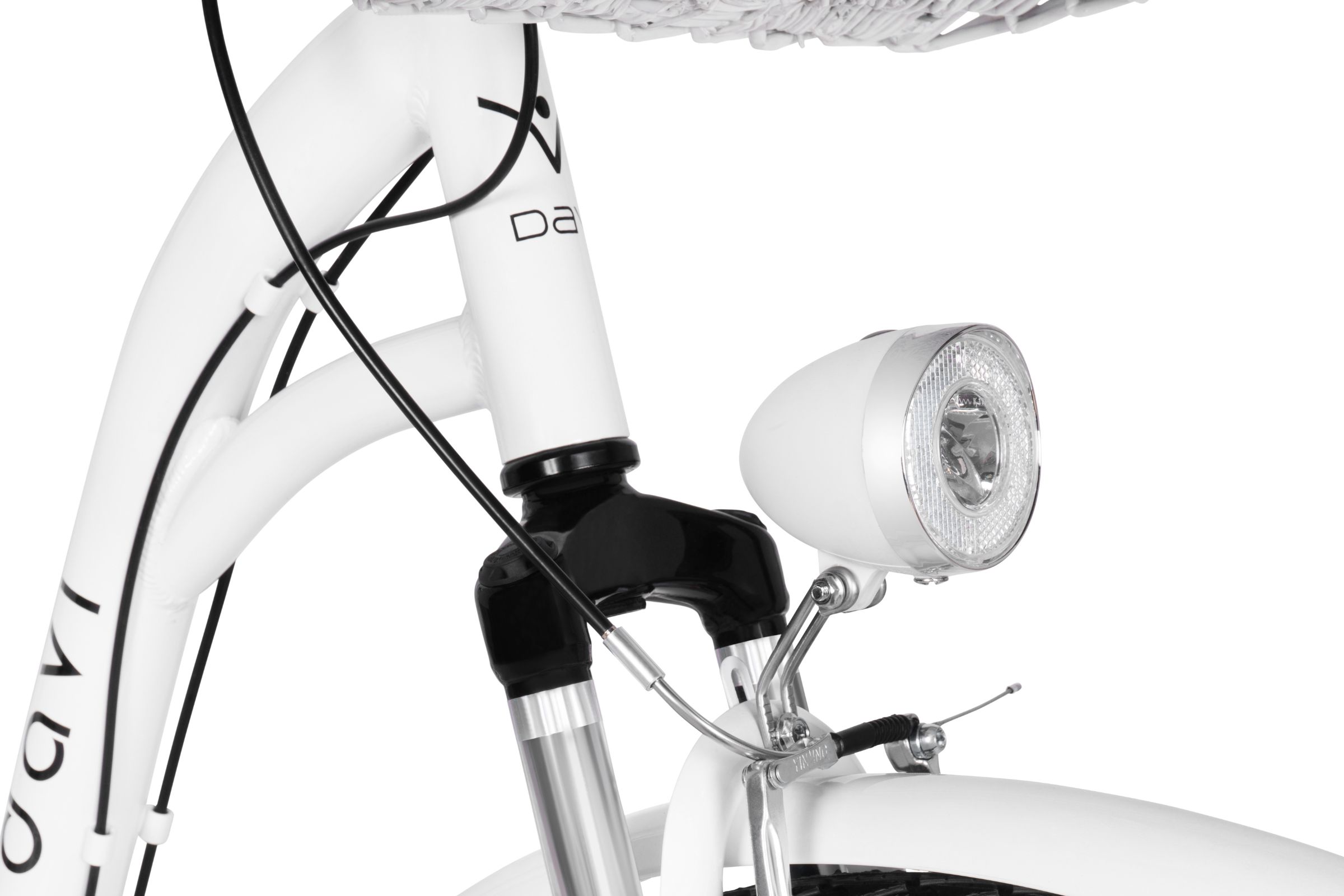 Close-up of a bicycle's white frame and headlight.